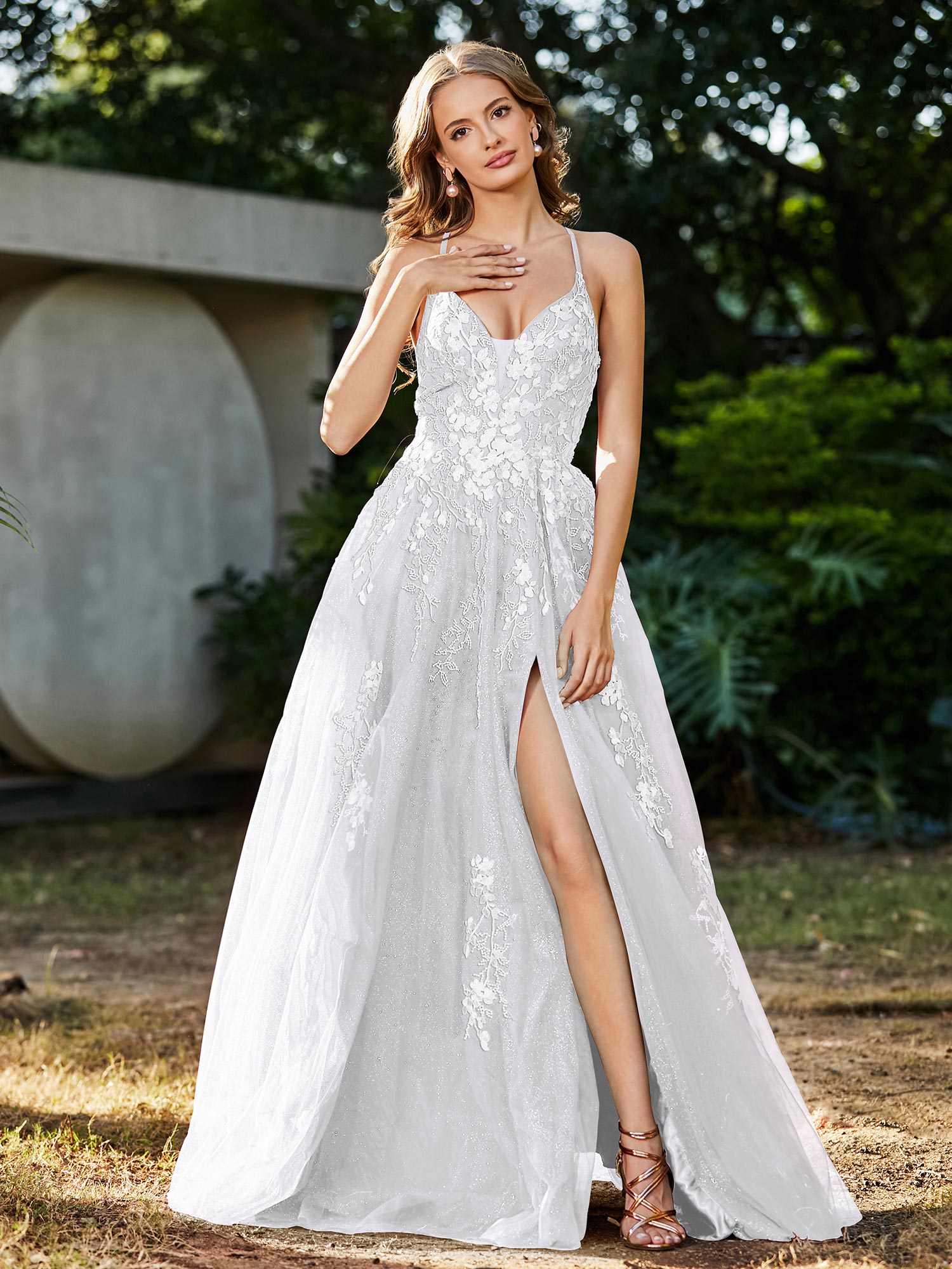 A-line V-neck Lace Up Tulle Gown White